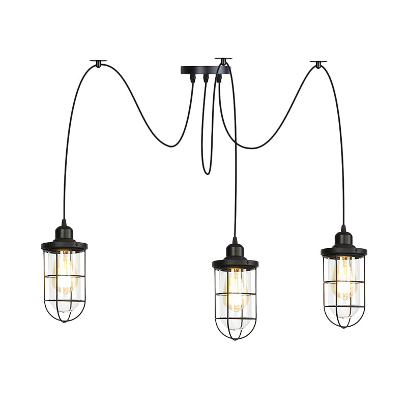 2/3/6-Bulb Clear Glass Multi Ceiling Light Industrial Black Caged Restaurant Swag Pendulum Lamp Clearhalo 'Ceiling Lights' 'Glass shade' 'Glass' 'Industrial Pendants' 'Industrial' 'Middle Century Pendants' 'Pendant Lights' 'Pendants' 'Tiffany' Lighting' 758690