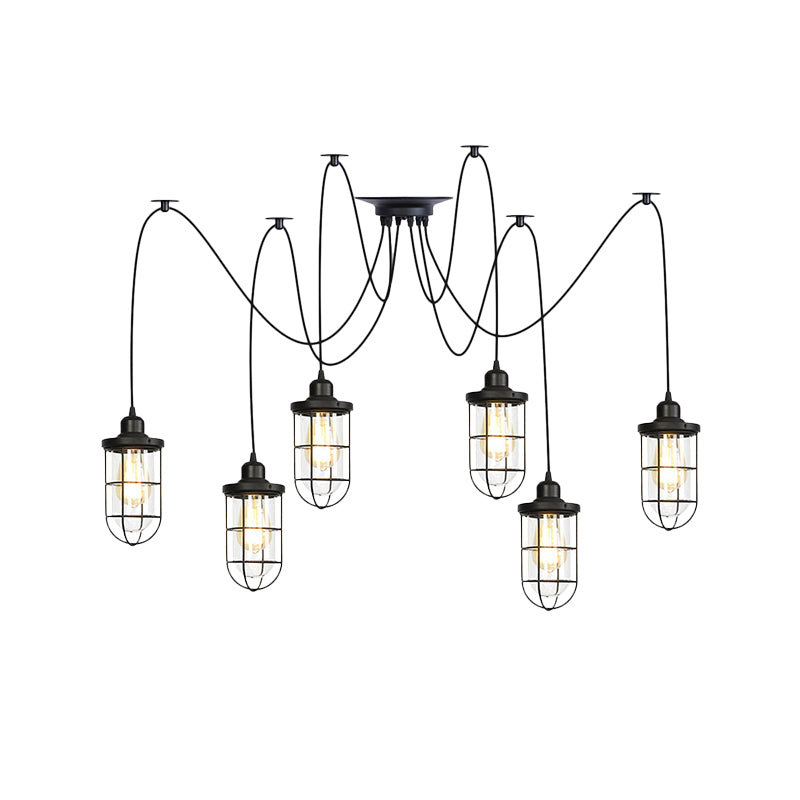 2/3/6-Bulb Clear Glass Multi Ceiling Light Industrial Black Caged Restaurant Swag Pendulum Lamp Clearhalo 'Ceiling Lights' 'Glass shade' 'Glass' 'Industrial Pendants' 'Industrial' 'Middle Century Pendants' 'Pendant Lights' 'Pendants' 'Tiffany' Lighting' 758695