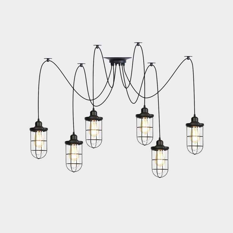 2/3/6-Bulb Clear Glass Multi Ceiling Light Industrial Black Caged Restaurant Swag Pendulum Lamp Clearhalo 'Ceiling Lights' 'Glass shade' 'Glass' 'Industrial Pendants' 'Industrial' 'Middle Century Pendants' 'Pendant Lights' 'Pendants' 'Tiffany' Lighting' 758696