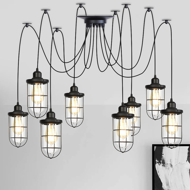 2/3/6-Bulb Clear Glass Multi Ceiling Light Industrial Black Caged Restaurant Swag Pendulum Lamp 8 Black Clearhalo 'Ceiling Lights' 'Glass shade' 'Glass' 'Industrial Pendants' 'Industrial' 'Middle Century Pendants' 'Pendant Lights' 'Pendants' 'Tiffany' Lighting' 758698