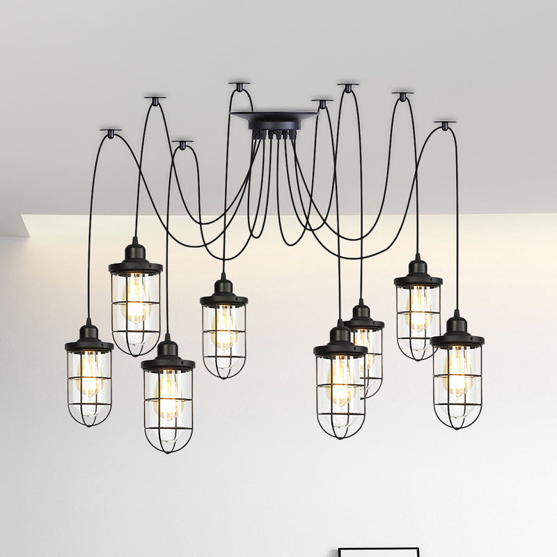 2/3/6-Bulb Clear Glass Multi Ceiling Light Industrial Black Caged Restaurant Swag Pendulum Lamp Clearhalo 'Ceiling Lights' 'Glass shade' 'Glass' 'Industrial Pendants' 'Industrial' 'Middle Century Pendants' 'Pendant Lights' 'Pendants' 'Tiffany' Lighting' 758699