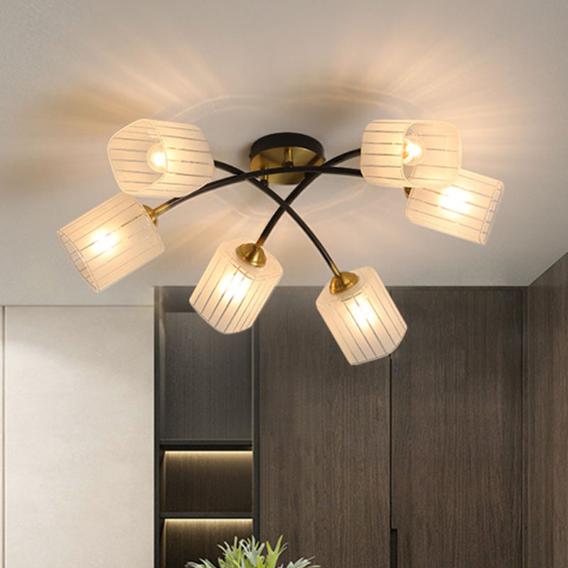 Brass Cuboid Semi-Flush Ceiling Light Post Modern 6/8-Light Frosted Glass Flush Mounted Lamp 6 Brass Clearhalo 'Ceiling Lights' 'Close To Ceiling Lights' 'Close to ceiling' 'Glass shade' 'Glass' 'Island Lights' 'Semi-flushmount' Lighting' 758853