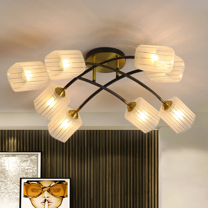 Brass Cuboid Semi-Flush Ceiling Light Post Modern 6/8-Light Frosted Glass Flush Mounted Lamp Clearhalo 'Ceiling Lights' 'Close To Ceiling Lights' 'Close to ceiling' 'Glass shade' 'Glass' 'Island Lights' 'Semi-flushmount' Lighting' 758858