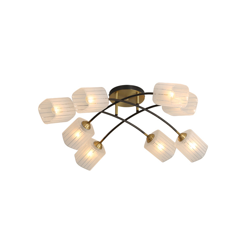 Brass Cuboid Semi-Flush Ceiling Light Post Modern 6/8-Light Frosted Glass Flush Mounted Lamp Clearhalo 'Ceiling Lights' 'Close To Ceiling Lights' 'Close to ceiling' 'Glass shade' 'Glass' 'Island Lights' 'Semi-flushmount' Lighting' 758859