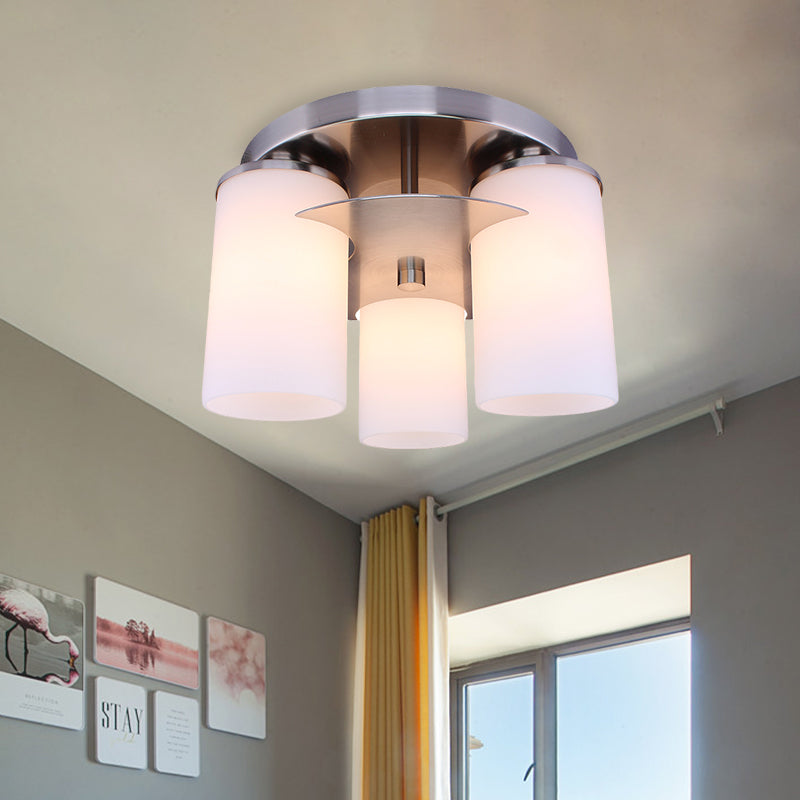 3 Lights Bedroom Flush Mount Lighting Modernism Chrome Flush Lamp Fixture with Cylinder Cream Glass Shade Chrome Clearhalo 'Ceiling Lights' 'Close To Ceiling Lights' 'Close to ceiling' 'Flush mount' Lighting' 758862