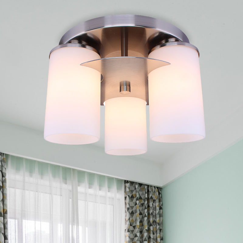 3 Lights Bedroom Flush Mount Lighting Modernism Chrome Flush Lamp Fixture with Cylinder Cream Glass Shade Clearhalo 'Ceiling Lights' 'Close To Ceiling Lights' 'Close to ceiling' 'Flush mount' Lighting' 758863