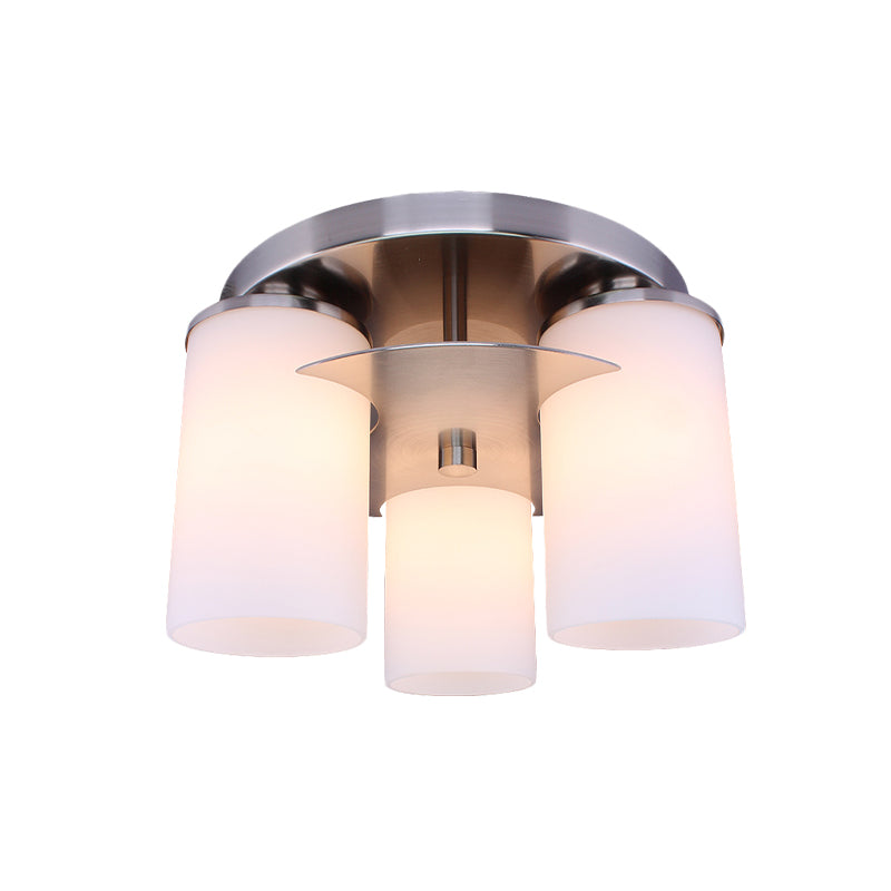 3 Lights Bedroom Flush Mount Lighting Modernism Chrome Flush Lamp Fixture with Cylinder Cream Glass Shade Clearhalo 'Ceiling Lights' 'Close To Ceiling Lights' 'Close to ceiling' 'Flush mount' Lighting' 758864