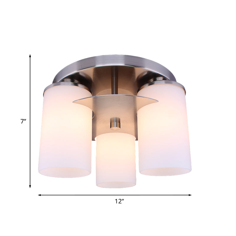 3 Lights Bedroom Flush Mount Lighting Modernism Chrome Flush Lamp Fixture with Cylinder Cream Glass Shade Clearhalo 'Ceiling Lights' 'Close To Ceiling Lights' 'Close to ceiling' 'Flush mount' Lighting' 758865