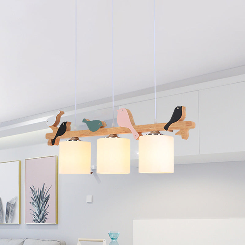 Barrel Island Pendant Light Modern Frosted Glass 2/3 Lights Wood Hanging Lamp Kit with Bird Deco over Table 3 Wood Clearhalo 'Ceiling Lights' 'Close To Ceiling Lights' 'Glass shade' 'Glass' 'Island Lights' Lighting' 758866