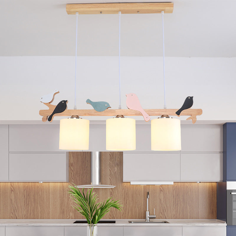 Barrel Island Pendant Light Modern Frosted Glass 2/3 Lights Wood Hanging Lamp Kit with Bird Deco over Table Clearhalo 'Ceiling Lights' 'Close To Ceiling Lights' 'Glass shade' 'Glass' 'Island Lights' Lighting' 758867