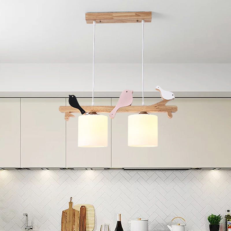 Barrel Island Pendant Light Modern Frosted Glass 2/3 Lights Wood Hanging Lamp Kit with Bird Deco over Table Clearhalo 'Ceiling Lights' 'Close To Ceiling Lights' 'Glass shade' 'Glass' 'Island Lights' Lighting' 758871