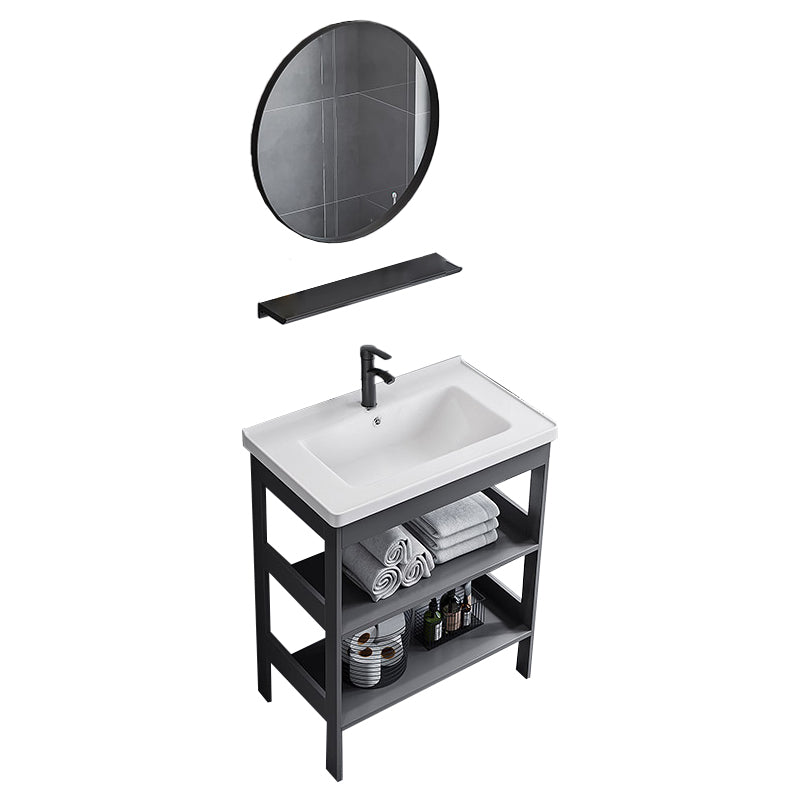 Modern Bathroom Vanity Metal Base Free-standing Standard with Mirror Sink Vanity Vanity & Faucet & Round Mirror Clearhalo 'Bathroom Remodel & Bathroom Fixtures' 'Bathroom Vanities' 'bathroom_vanities' 'Home Improvement' 'home_improvement' 'home_improvement_bathroom_vanities' 7588748