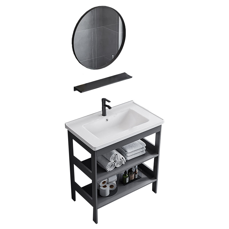 Modern Bathroom Vanity Metal Base Free-standing Standard with Mirror Sink Vanity Vanity & Faucet & Round Mirror 31"L x 16"W x 31"H Clearhalo 'Bathroom Remodel & Bathroom Fixtures' 'Bathroom Vanities' 'bathroom_vanities' 'Home Improvement' 'home_improvement' 'home_improvement_bathroom_vanities' 7588750