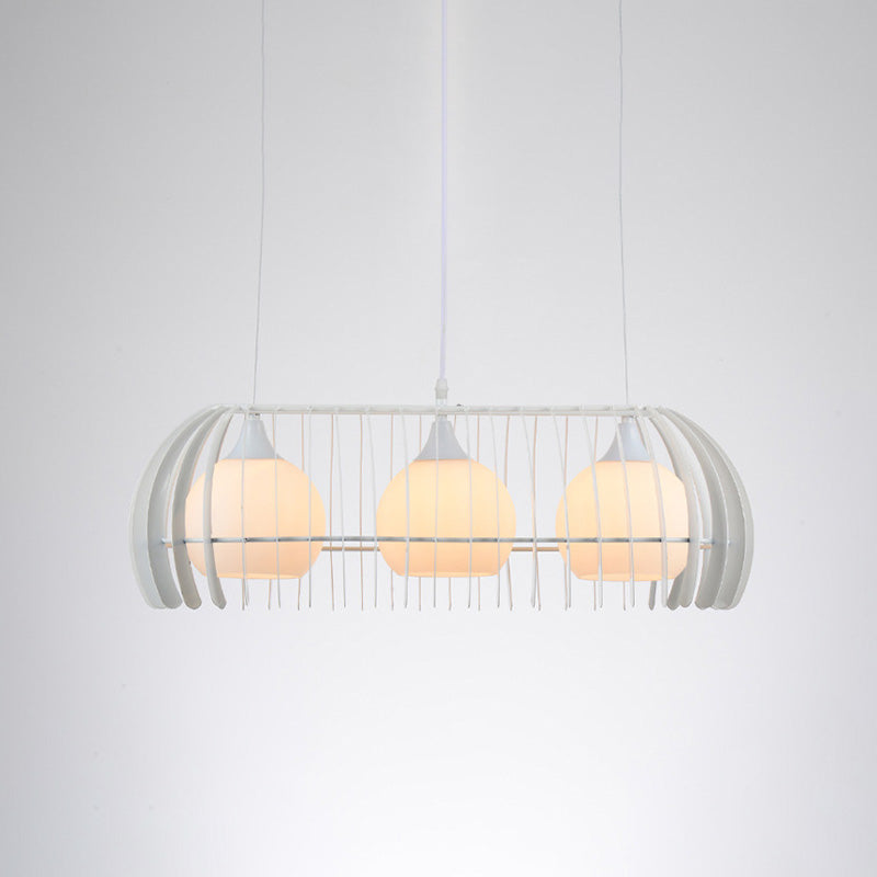 Globe Dining Room Island Light Fixture White Glass 3 Heads Modernist Pendant Lamp with Cage Clearhalo 'Ceiling Lights' 'Close To Ceiling Lights' 'Glass shade' 'Glass' 'Island Lights' Lighting' 758877
