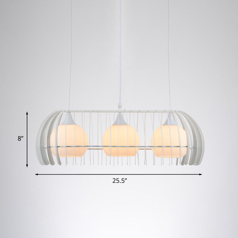 Globe Dining Room Island Light Fixture White Glass 3 Heads Modernist Pendant Lamp with Cage Clearhalo 'Ceiling Lights' 'Close To Ceiling Lights' 'Glass shade' 'Glass' 'Island Lights' Lighting' 758878