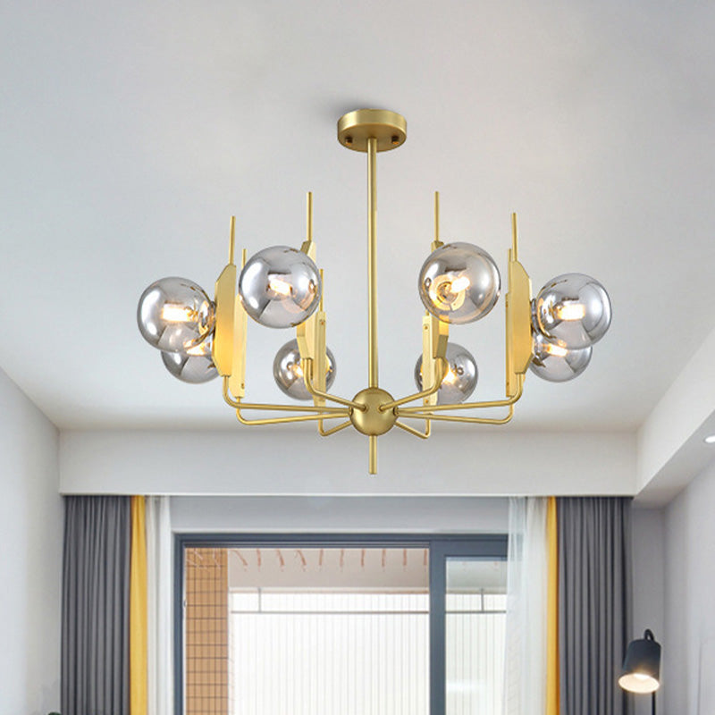 8-Light Living Room Chandelier Lighting Post Modern Gold Ceiling Lamp with Ball Milk White/Smoke Gray Glass Shade Gold Smoke Grey Clearhalo 'Ceiling Lights' 'Chandeliers' 'Modern Chandeliers' 'Modern' Lighting' 758883