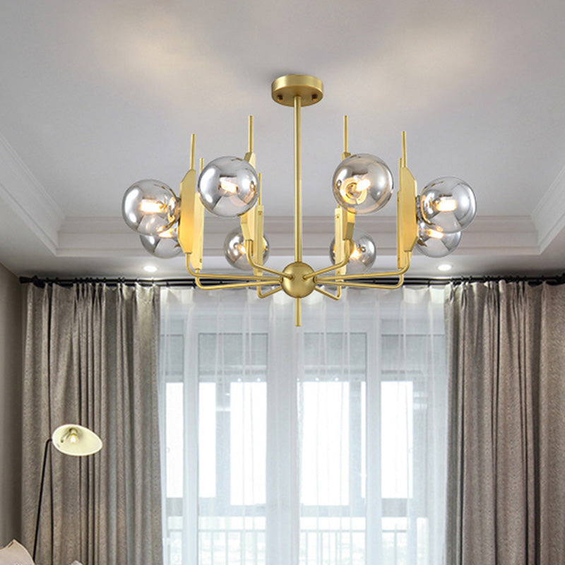 8-Light Living Room Chandelier Lighting Post Modern Gold Ceiling Lamp with Ball Milk White/Smoke Gray Glass Shade Clearhalo 'Ceiling Lights' 'Chandeliers' 'Modern Chandeliers' 'Modern' Lighting' 758884