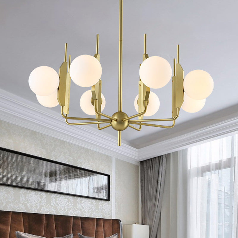 8-Light Living Room Chandelier Lighting Post Modern Gold Ceiling Lamp with Ball Milk White/Smoke Gray Glass Shade Gold Milk White Clearhalo 'Ceiling Lights' 'Chandeliers' 'Modern Chandeliers' 'Modern' Lighting' 758887