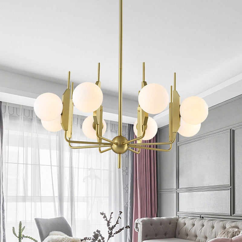 8-Light Living Room Chandelier Lighting Post Modern Gold Ceiling Lamp with Ball Milk White/Smoke Gray Glass Shade Clearhalo 'Ceiling Lights' 'Chandeliers' 'Modern Chandeliers' 'Modern' Lighting' 758888