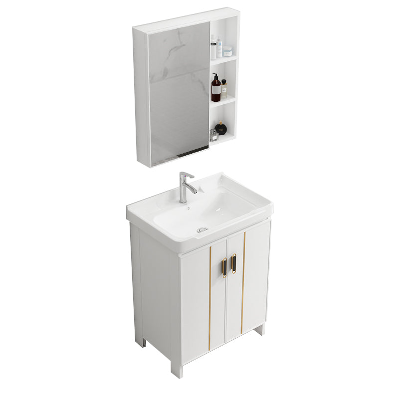 Modern Bathroom Vanity White Metal Frame Single-Sink Wall Mount Vanity Set Vanity & Faucet & Mirror Cabinet 24"L x 16"W x 32"H Towel Bar Not Included Clearhalo 'Bathroom Remodel & Bathroom Fixtures' 'Bathroom Vanities' 'bathroom_vanities' 'Home Improvement' 'home_improvement' 'home_improvement_bathroom_vanities' 7588902