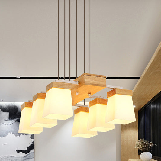Modernism Trapezoid Island Lighting White Frosted Glass 6-Head Dining Room Suspension Lamp with Wood Shelf Wood Clearhalo 'Ceiling Lights' 'Glass shade' 'Glass' 'Island Lights' Lighting' 758891