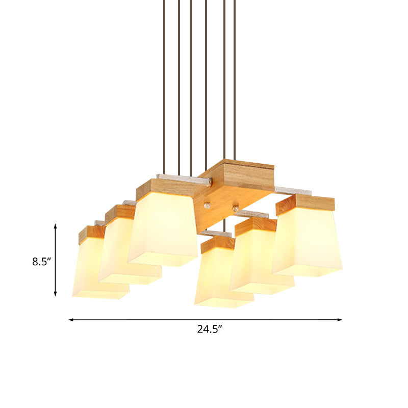 Modernism Trapezoid Island Lighting White Frosted Glass 6-Head Dining Room Suspension Lamp with Wood Shelf Clearhalo 'Ceiling Lights' 'Glass shade' 'Glass' 'Island Lights' Lighting' 758894