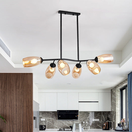 Modern 6-Bulb Island Pendant Light with Clear/Amber Glass Shade Black Branch Ceiling Hang Fixture Amber Clearhalo 'Ceiling Lights' 'Close To Ceiling Lights' 'Glass shade' 'Glass' 'Island Lights' Lighting' 758899