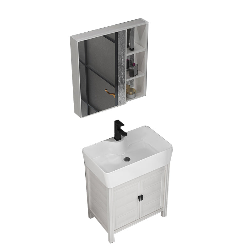 Rectangular Modern Bathroom Vanity White Metal Frame Single-Sink Vanity Set Vanity & Faucet & Mirror Cabinet 26"L x 16"W x 33"H Clearhalo 'Bathroom Remodel & Bathroom Fixtures' 'Bathroom Vanities' 'bathroom_vanities' 'Home Improvement' 'home_improvement' 'home_improvement_bathroom_vanities' 7589014