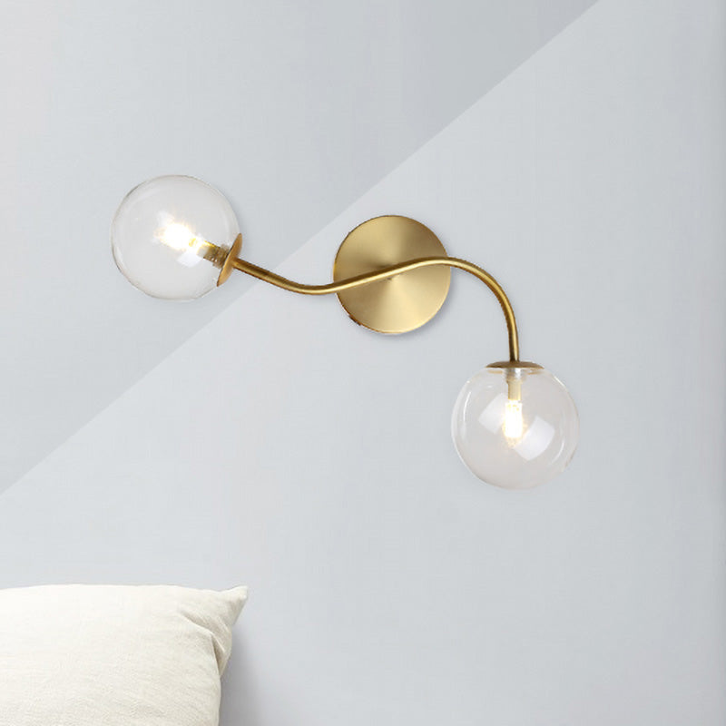 Ball Stairway Wall Mount Light Clear/Tan Glass 2-Light Post Modern LED Wall Lamp Sconce in Brass Clear Clearhalo 'Cast Iron' 'Glass' 'Industrial' 'Modern wall lights' 'Modern' 'Tiffany' 'Traditional wall lights' 'Wall Lamps & Sconces' 'Wall Lights' Lighting' 758918