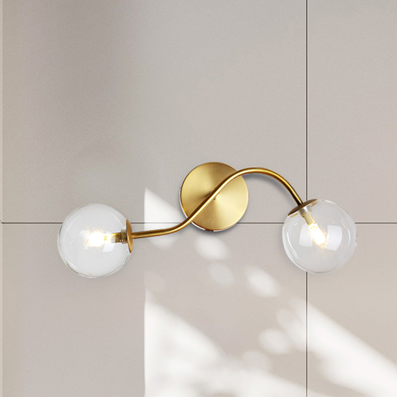 Ball Stairway Wall Mount Light Clear/Tan Glass 2-Light Post Modern LED Wall Lamp Sconce in Brass Clearhalo 'Cast Iron' 'Glass' 'Industrial' 'Modern wall lights' 'Modern' 'Tiffany' 'Traditional wall lights' 'Wall Lamps & Sconces' 'Wall Lights' Lighting' 758919