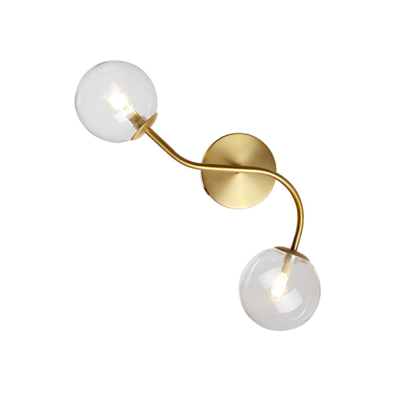 Ball Stairway Wall Mount Light Clear/Tan Glass 2-Light Post Modern LED Wall Lamp Sconce in Brass Clearhalo 'Cast Iron' 'Glass' 'Industrial' 'Modern wall lights' 'Modern' 'Tiffany' 'Traditional wall lights' 'Wall Lamps & Sconces' 'Wall Lights' Lighting' 758920