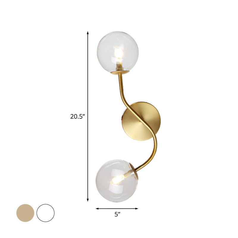 Ball Stairway Wall Mount Light Clear/Tan Glass 2-Light Post Modern LED Wall Lamp Sconce in Brass Clearhalo 'Cast Iron' 'Glass' 'Industrial' 'Modern wall lights' 'Modern' 'Tiffany' 'Traditional wall lights' 'Wall Lamps & Sconces' 'Wall Lights' Lighting' 758921