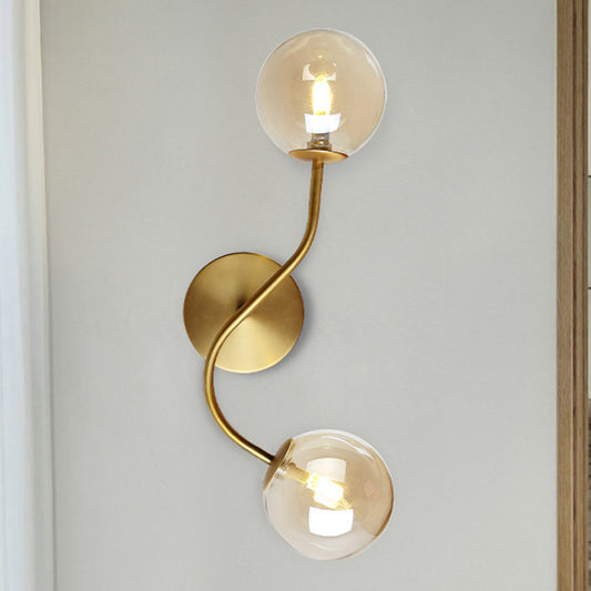 Ball Stairway Wall Mount Light Clear/Tan Glass 2-Light Post Modern LED Wall Lamp Sconce in Brass Tan Clearhalo 'Cast Iron' 'Glass' 'Industrial' 'Modern wall lights' 'Modern' 'Tiffany' 'Traditional wall lights' 'Wall Lamps & Sconces' 'Wall Lights' Lighting' 758922
