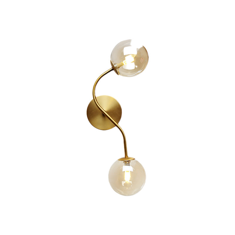 Ball Stairway Wall Mount Light Clear/Tan Glass 2-Light Post Modern LED Wall Lamp Sconce in Brass Clearhalo 'Cast Iron' 'Glass' 'Industrial' 'Modern wall lights' 'Modern' 'Tiffany' 'Traditional wall lights' 'Wall Lamps & Sconces' 'Wall Lights' Lighting' 758925