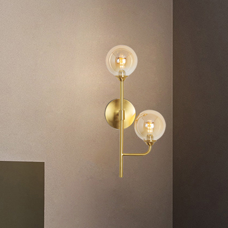 Sphere Bathroom Wall Mount Light Amber/Smoke Gray Glass 2-Head Brass Finish LED Wall Sconce Amber Clearhalo 'Cast Iron' 'Glass' 'Industrial' 'Modern wall lights' 'Modern' 'Tiffany' 'Traditional wall lights' 'Wall Lamps & Sconces' 'Wall Lights' Lighting' 758930