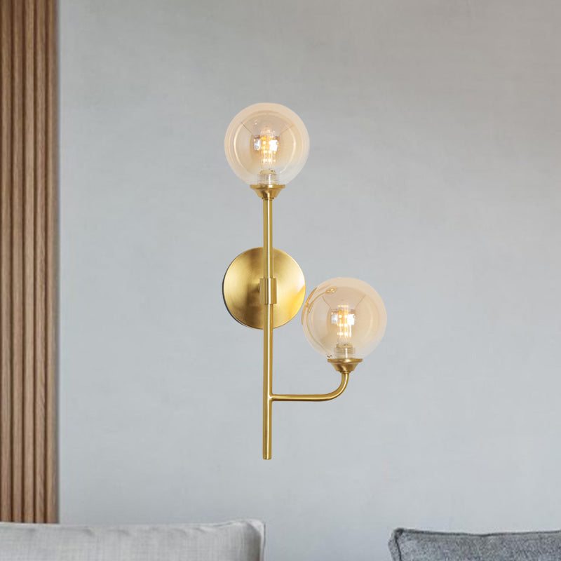 Sphere Bathroom Wall Mount Light Amber/Smoke Gray Glass 2-Head Brass Finish LED Wall Sconce Clearhalo 'Cast Iron' 'Glass' 'Industrial' 'Modern wall lights' 'Modern' 'Tiffany' 'Traditional wall lights' 'Wall Lamps & Sconces' 'Wall Lights' Lighting' 758931