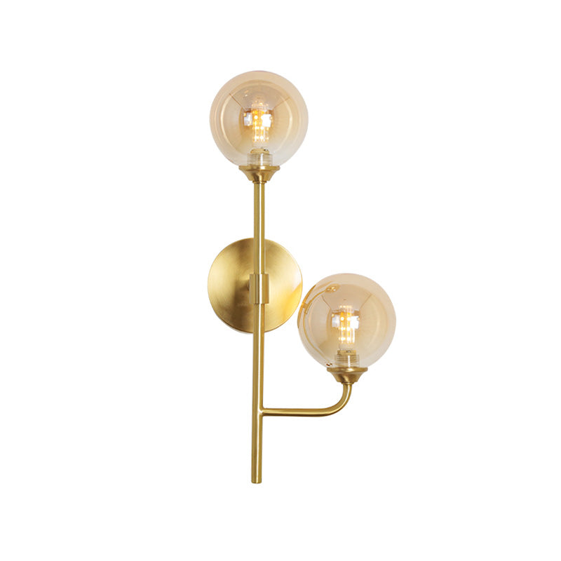 Sphere Bathroom Wall Mount Light Amber/Smoke Gray Glass 2-Head Brass Finish LED Wall Sconce Clearhalo 'Cast Iron' 'Glass' 'Industrial' 'Modern wall lights' 'Modern' 'Tiffany' 'Traditional wall lights' 'Wall Lamps & Sconces' 'Wall Lights' Lighting' 758932