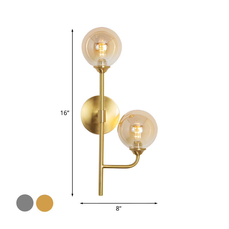 Sphere Bathroom Wall Mount Light Amber/Smoke Gray Glass 2-Head Brass Finish LED Wall Sconce Clearhalo 'Cast Iron' 'Glass' 'Industrial' 'Modern wall lights' 'Modern' 'Tiffany' 'Traditional wall lights' 'Wall Lamps & Sconces' 'Wall Lights' Lighting' 758933