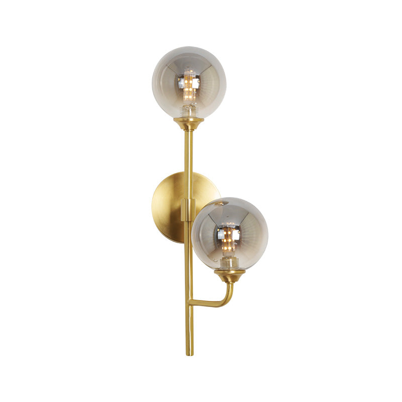 Sphere Bathroom Wall Mount Light Amber/Smoke Gray Glass 2-Head Brass Finish LED Wall Sconce Clearhalo 'Cast Iron' 'Glass' 'Industrial' 'Modern wall lights' 'Modern' 'Tiffany' 'Traditional wall lights' 'Wall Lamps & Sconces' 'Wall Lights' Lighting' 758935