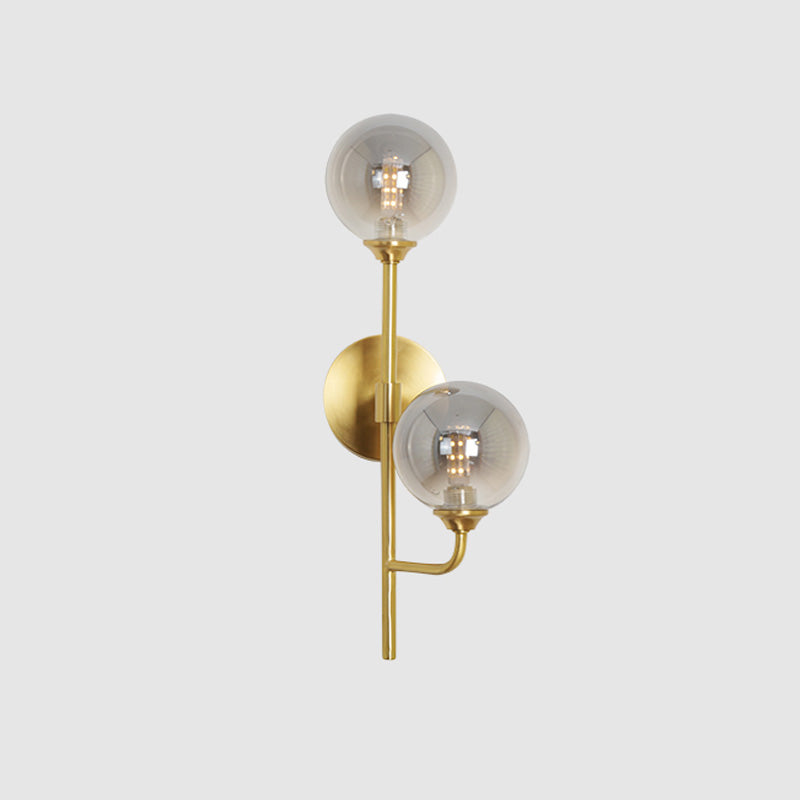 Sphere Bathroom Wall Mount Light Amber/Smoke Gray Glass 2-Head Brass Finish LED Wall Sconce Clearhalo 'Cast Iron' 'Glass' 'Industrial' 'Modern wall lights' 'Modern' 'Tiffany' 'Traditional wall lights' 'Wall Lamps & Sconces' 'Wall Lights' Lighting' 758936