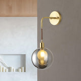 1 Light Corner Wall Light Fixture Postmodern Brass Finish Wall Mount Lamp with Orb Smoke Gray Glass Shade Clearhalo 'Cast Iron' 'Glass' 'Industrial' 'Modern wall lights' 'Modern' 'Tiffany' 'Traditional wall lights' 'Wall Lamps & Sconces' 'Wall Lights' Lighting' 758938