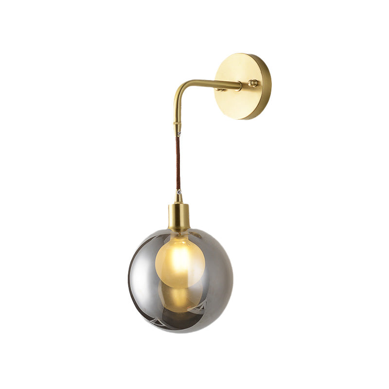 1 Light Corner Wall Light Fixture Postmodern Brass Finish Wall Mount Lamp with Orb Smoke Gray Glass Shade Clearhalo 'Cast Iron' 'Glass' 'Industrial' 'Modern wall lights' 'Modern' 'Tiffany' 'Traditional wall lights' 'Wall Lamps & Sconces' 'Wall Lights' Lighting' 758939