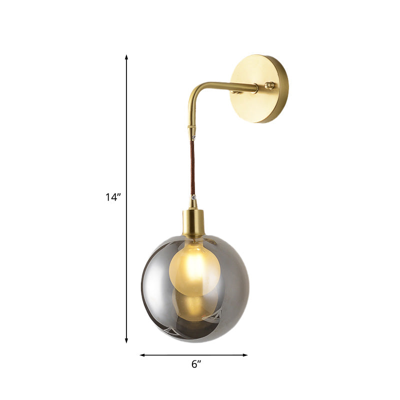 1 Light Corner Wall Light Fixture Postmodern Brass Finish Wall Mount Lamp with Orb Smoke Gray Glass Shade Clearhalo 'Cast Iron' 'Glass' 'Industrial' 'Modern wall lights' 'Modern' 'Tiffany' 'Traditional wall lights' 'Wall Lamps & Sconces' 'Wall Lights' Lighting' 758940