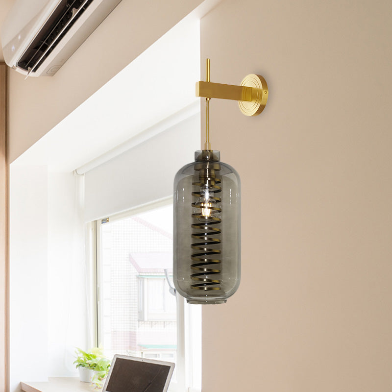 Smoke Gray Glass Cylinder Wall Sconce Light Post-Modern 1 Head Wall Mounted Lamp in Brass Brass Clearhalo 'Cast Iron' 'Glass' 'Industrial' 'Modern wall lights' 'Modern' 'Tiffany' 'Traditional wall lights' 'Wall Lamps & Sconces' 'Wall Lights' Lighting' 758941