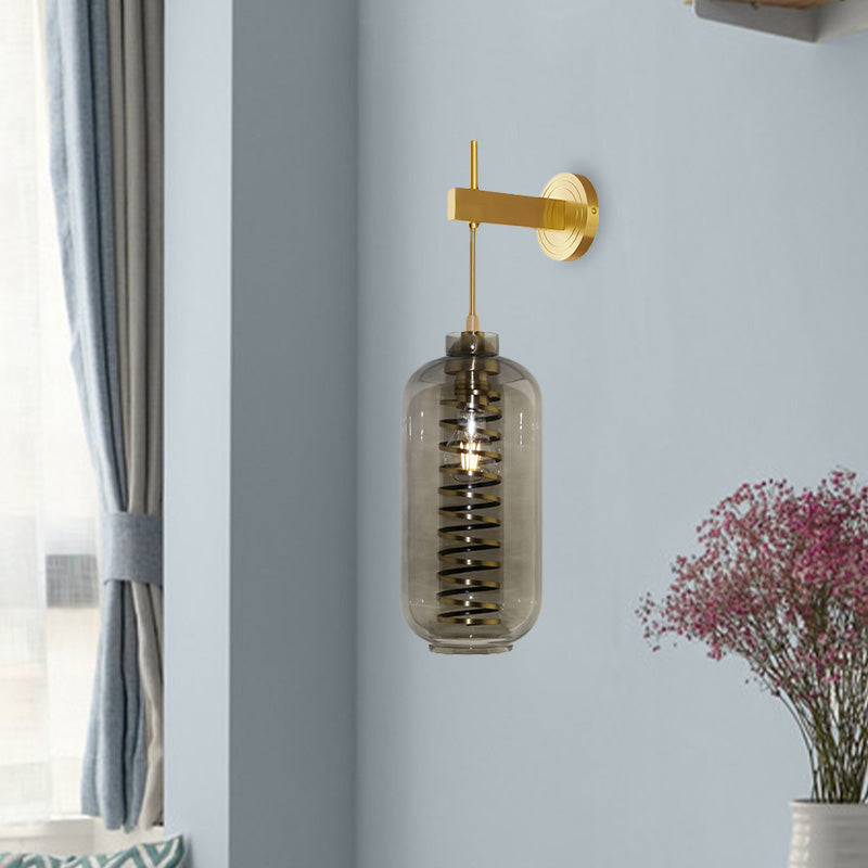 Smoke Gray Glass Cylinder Wall Sconce Light Post-Modern 1 Head Wall Mounted Lamp in Brass Clearhalo 'Cast Iron' 'Glass' 'Industrial' 'Modern wall lights' 'Modern' 'Tiffany' 'Traditional wall lights' 'Wall Lamps & Sconces' 'Wall Lights' Lighting' 758942