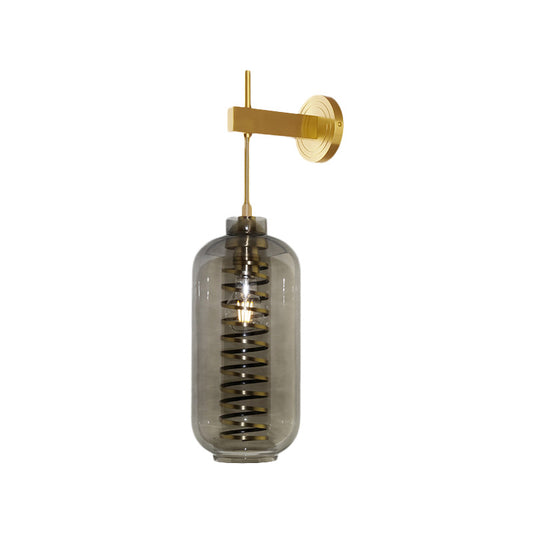 Smoke Gray Glass Cylinder Wall Sconce Light Post-Modern 1 Head Wall Mounted Lamp in Brass Clearhalo 'Cast Iron' 'Glass' 'Industrial' 'Modern wall lights' 'Modern' 'Tiffany' 'Traditional wall lights' 'Wall Lamps & Sconces' 'Wall Lights' Lighting' 758943