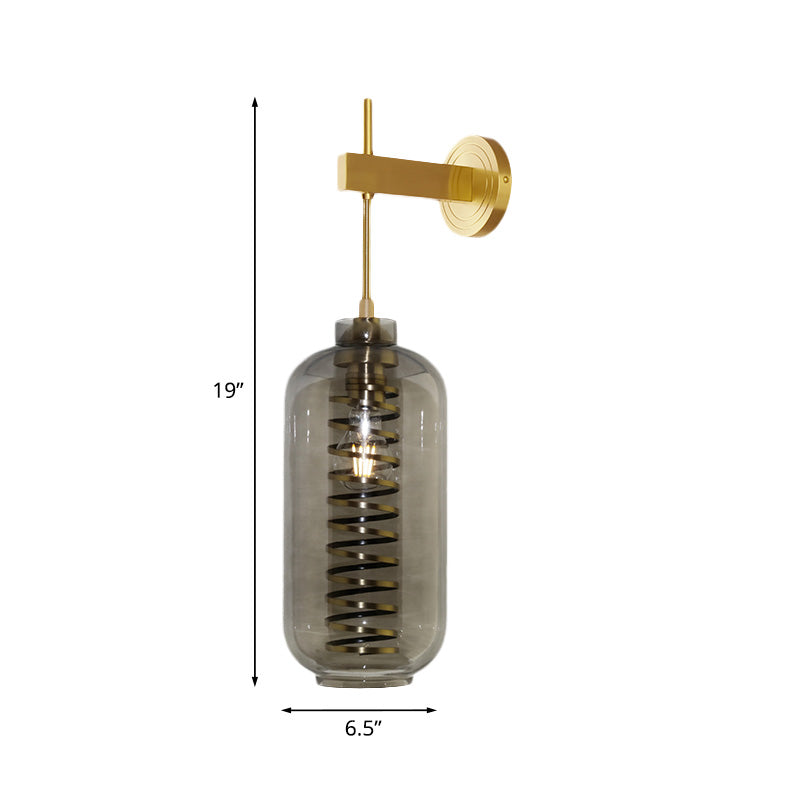 Smoke Gray Glass Cylinder Wall Sconce Light Post-Modern 1 Head Wall Mounted Lamp in Brass Clearhalo 'Cast Iron' 'Glass' 'Industrial' 'Modern wall lights' 'Modern' 'Tiffany' 'Traditional wall lights' 'Wall Lamps & Sconces' 'Wall Lights' Lighting' 758944