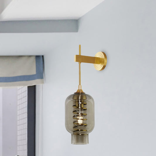 Lantern Smoke Gray Glass Wall Lighting Postmodern 1 Bulb Brass Wall Lamp Sconce for Tea Room Clearhalo 'Cast Iron' 'Glass' 'Industrial' 'Modern wall lights' 'Modern' 'Tiffany' 'Traditional wall lights' 'Wall Lamps & Sconces' 'Wall Lights' Lighting' 758946