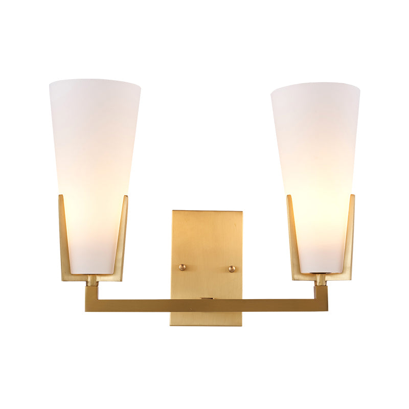 Cone Bedside Sconce Lighting White Glass 2 Bulbs Post Modern Wall Mounted Lamp in Brass Clearhalo 'Cast Iron' 'Glass' 'Industrial' 'Modern wall lights' 'Modern' 'Tiffany' 'Traditional wall lights' 'Wall Lamps & Sconces' 'Wall Lights' Lighting' 759047