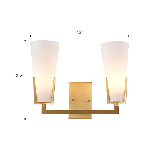 Cone Bedside Sconce Lighting White Glass 2 Bulbs Post Modern Wall Mounted Lamp in Brass Clearhalo 'Cast Iron' 'Glass' 'Industrial' 'Modern wall lights' 'Modern' 'Tiffany' 'Traditional wall lights' 'Wall Lamps & Sconces' 'Wall Lights' Lighting' 759048